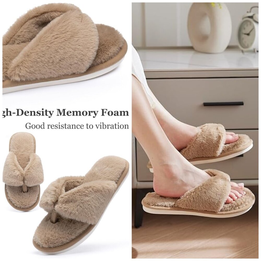 Fluffy House Slippers for Women Open Toe Cute Memory Foam Flip Flop Slippers